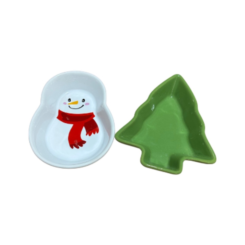 Set of 2 Holiday Ceramic Dishes – Snowman & Christmas Tree